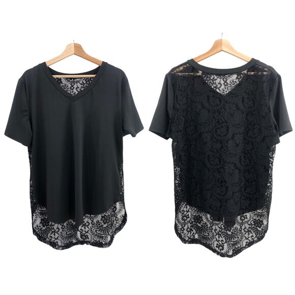 Shein XL Curve Black Open Lace Back Short Sleeve V Neck Fishtail Hem Top - Picture 1 of 8